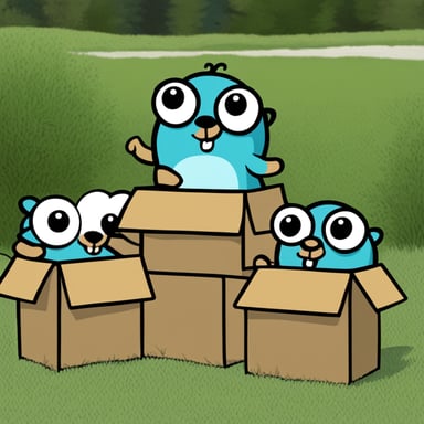 Go Blue Gopher in front of 3 boxes, with hands on two of them and looking at the other.