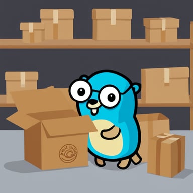 Go Blue Gopher in front of 3 boxes, with hands on two of them and looking at the other.