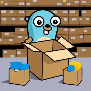 Go Blue Gopher in front of 3 boxes, with hands on two of them and looking at the other.