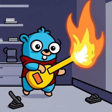 Go Blue Gopher in a room on fire, wielding a chainsaw.