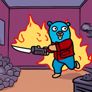 Go Blue Gopher in a room on fire, wielding a chainsaw.