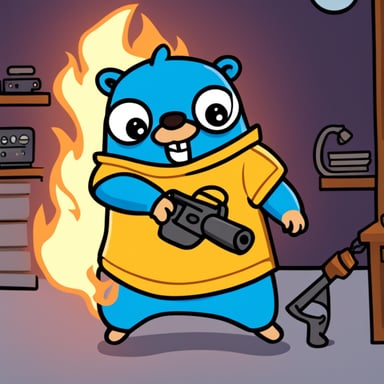 Go Blue Gopher in a room on fire, wielding a chainsaw.