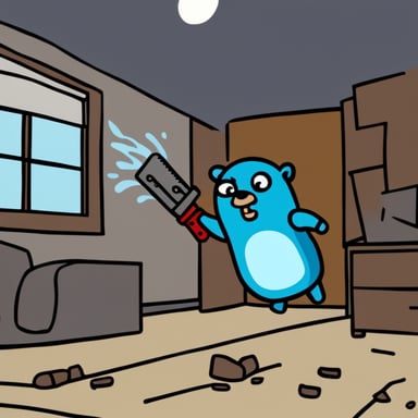 Go Blue Gopher in a room on fire, wielding a chainsaw.
