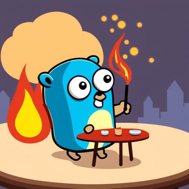 Go Blue Gopher sitting at a table surrounded by fire with a speech bubble saying this is fine.
