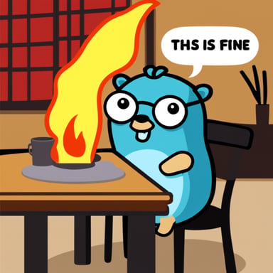 Go Blue Gopher sitting at a table surrounded by fire with a speech bubble saying this is fine.