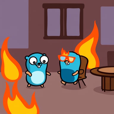 Go Blue Gopher sitting at a table surrounded by fire with a speech bubble saying this is fine.