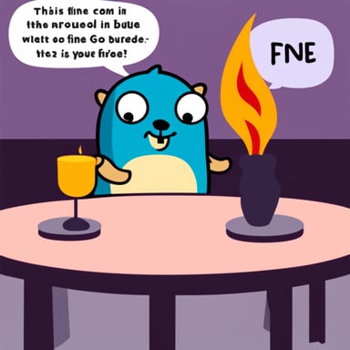 Go Blue Gopher sitting at a table surrounded by fire with a speech bubble saying this is fine.