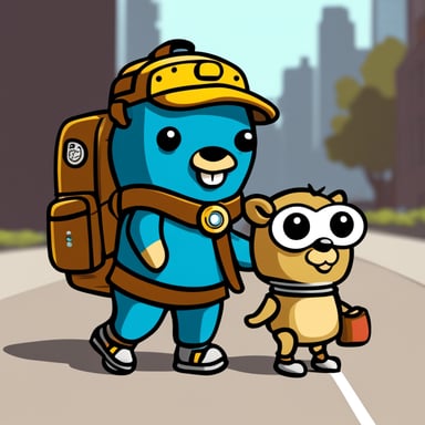 Go Blue Gopher wearing a siren backpack with a robot sidekick.