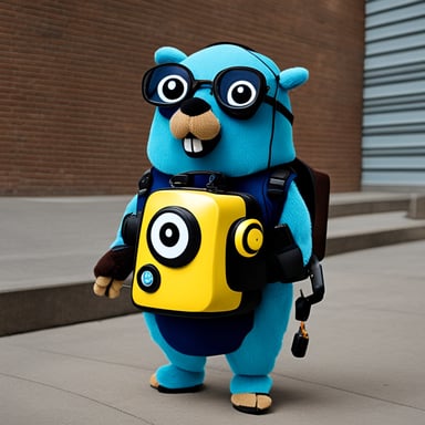 Go Blue Gopher wearing a siren backpack with a robot sidekick.