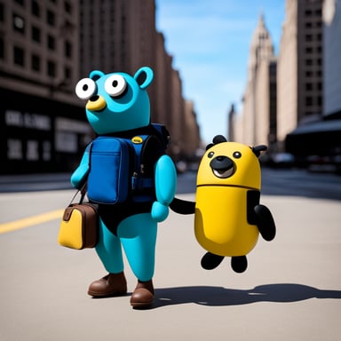Go Blue Gopher wearing a siren backpack with a robot sidekick.