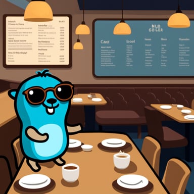 Go blue gopher is at a restaurant, showing a menu card with both the menu and itself being prominent.