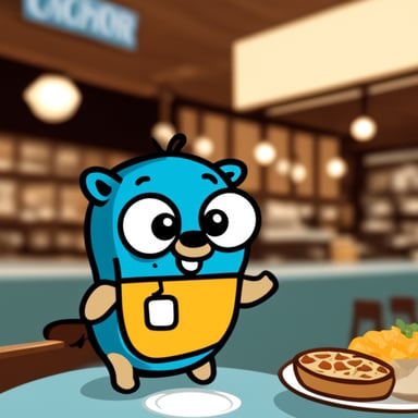 Go blue gopher is at a restaurant, showing a menu card with both the menu and itself being prominent.