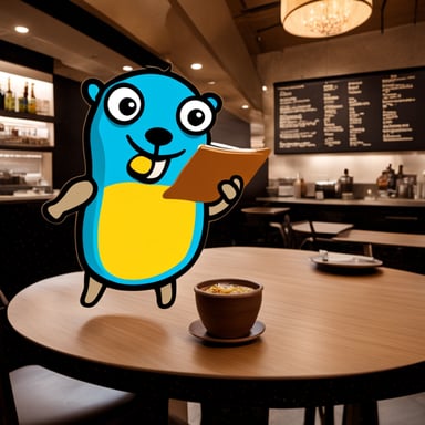 Go blue gopher is at a restaurant, showing a menu card with both the menu and itself being prominent.