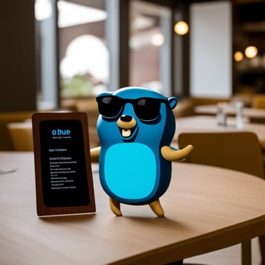 Go blue gopher is at a restaurant, showing a menu card with both the menu and itself being prominent.