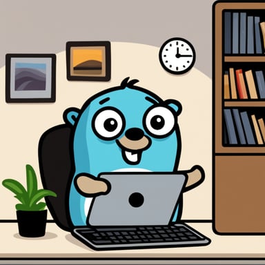 Go Blue Gopher working happily in front of a laptop.