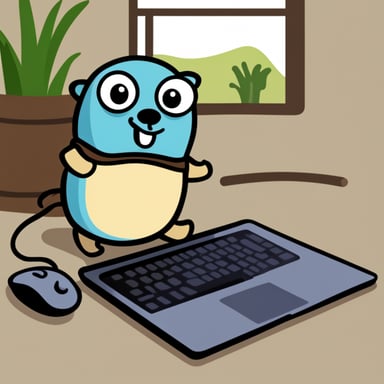 Go Blue Gopher working happily in front of a laptop.