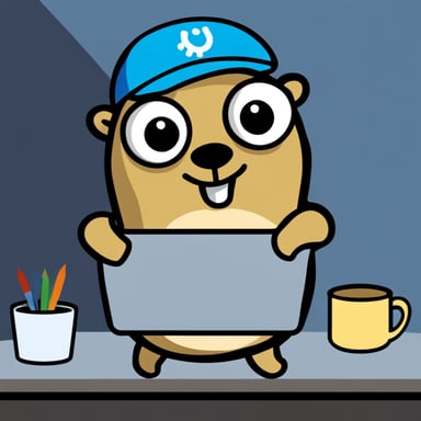 Go Blue Gopher working happily in front of a laptop.
