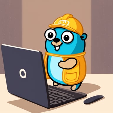 Go Blue Gopher working happily in front of a laptop.