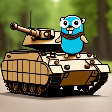 Go blue gopher in military uniform on a tank.