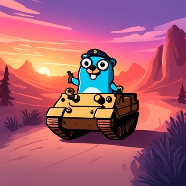 Go blue gopher in military uniform on a tank.