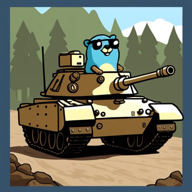 Go blue gopher in military uniform on a tank.