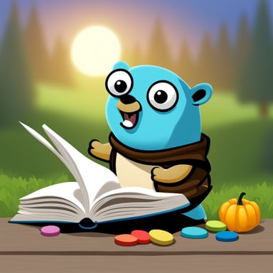 A happy go blue gopher reading a catalogue.