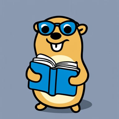 A happy go blue gopher reading a catalogue.