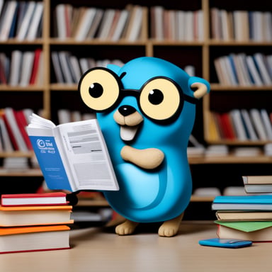 A happy go blue gopher reading a catalogue.