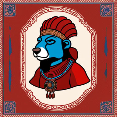Gopher portrait photo of Go Blue Gopher as an Asia old warrior chief, blue on red, side profile, looking away, serious eyes, 50mm portrait photography, hard rim lighting photography.