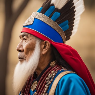 Gopher portrait photo of Go Blue Gopher as an Asia old warrior chief, blue on red, side profile, looking away, serious eyes, 50mm portrait photography, hard rim lighting photography.