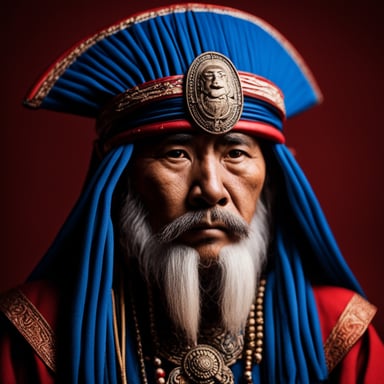 Gopher portrait photo of Go Blue Gopher as an Asia old warrior chief, blue on red, side profile, looking away, serious eyes, 50mm portrait photography, hard rim lighting photography.