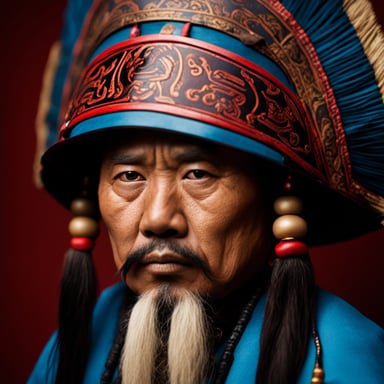Gopher portrait photo of Go Blue Gopher as an Asia old warrior chief, blue on red, side profile, looking away, serious eyes, 50mm portrait photography, hard rim lighting photography.