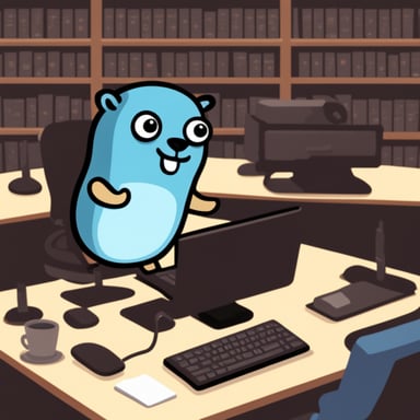 Go Blue Gopher writing Golang.