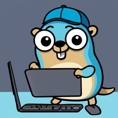 Go Blue Gopher writing Golang.