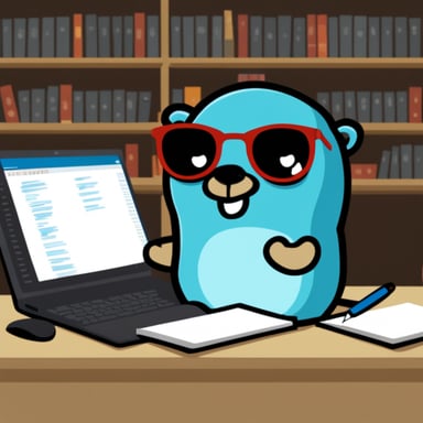 Go Blue Gopher writing Golang.
