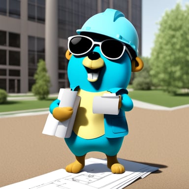 Happy go blue gopher as an architect, holding blueprints.