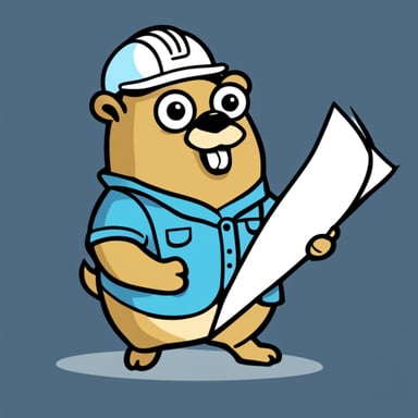 Happy go blue gopher as an architect, holding blueprints.