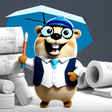 Happy go blue gopher as an architect, holding blueprints.