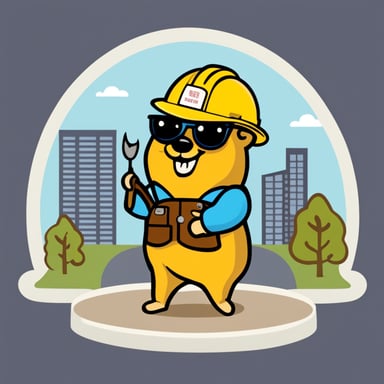 A happy Go Blue Gopher. The Go Blue Gopher wears a hard hat. It carries a set of blueprints. The background shows some buildings, some buildings are being built.