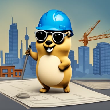 A happy Go Blue Gopher. The Go Blue Gopher wears a hard hat. It carries a set of blueprints. The background shows some buildings, some buildings are being built.