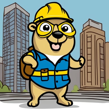 A happy Go Blue Gopher. The Go Blue Gopher wears a hard hat. It carries a set of blueprints. The background shows some buildings, some buildings are being built.