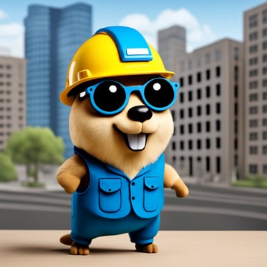 A happy Go Blue Gopher. The Go Blue Gopher wears a hard hat. It carries a set of blueprints. The background shows some buildings, some buildings are being built.