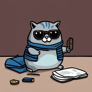 Go Blue Gopher looks like a slightly plump British cat of the color whiskas (gray with black stripes), holding a foil wrapper in his paws, dealing with cybersecurity.