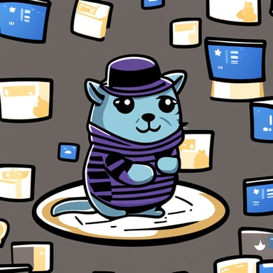 The go blue gopher appears as a slightly plump British cat with whiskas coloration (gray with black stripes), holding a foil wrapper in its paws. It's engaged in cybersecurity tasks, standing proudly in a cap adorned with a gopher pattern.