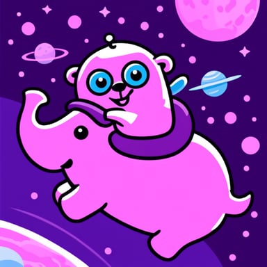 A go blue gopher riding a pink elephant in space