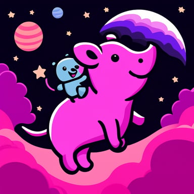 A go blue gopher riding a pink elephant in space