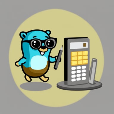 Go Blue Gopher holding metal brick and calculator.