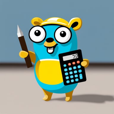 Go Blue Gopher holding metal brick and calculator.