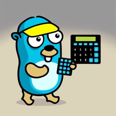Go Blue Gopher holding metal brick and calculator.