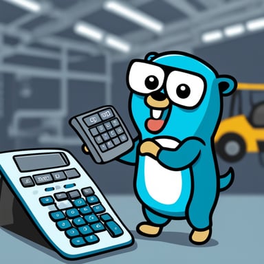 Go Blue Gopher in factory holding metal sheet and calculator.
